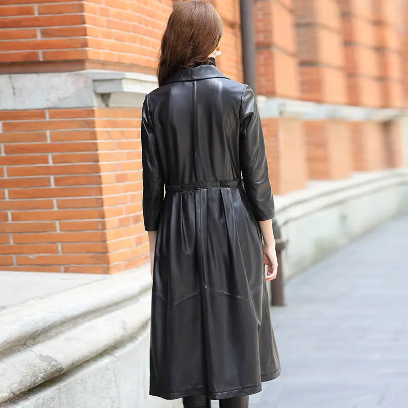 

Women Long Designer Trench Coat Fashion Ruffles 100% Real Leather Jacket Office Ladies Fashion Overcoat Natural Sheepskin Coat