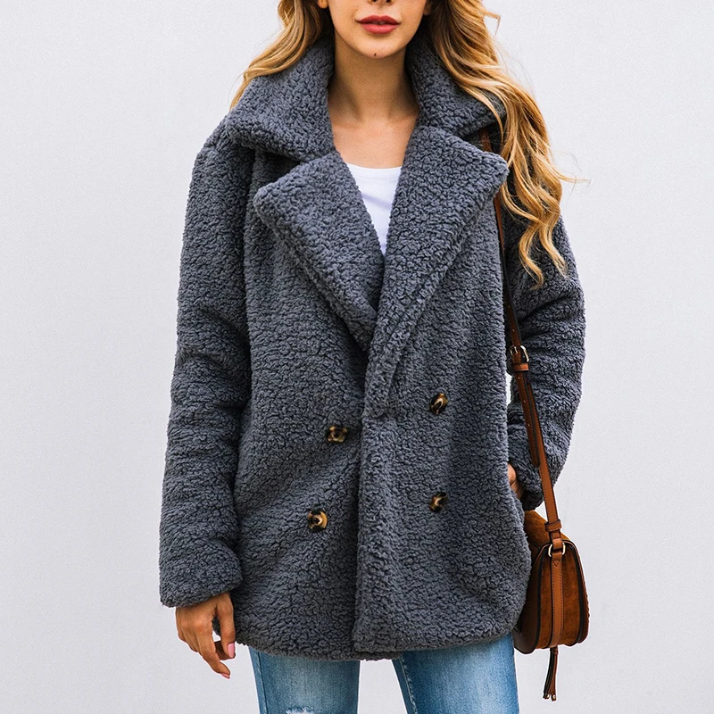 

Women Coat Faux Fur Jacket Plus Size Plush Fleece Overcoat 2019 Winter Elegant Lapel Women Coat Blends sobretudo feminino abrigo