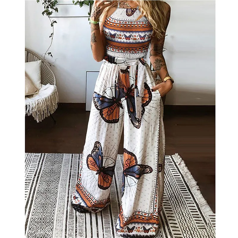 

Women Fashion 2 Pieces Suit Set Female Butterfly Print Spaghetti Strap Camisole+ Long Loose Pants for Summer