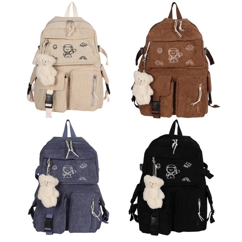 

Cartoon Embroidery Corduroy Backpack Retro Solid Color Casual Daypack Shoulder Bag
