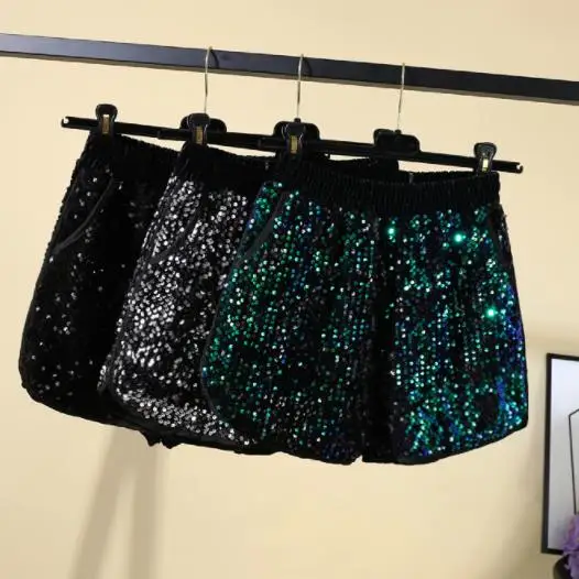 Сексуальные мини шорты с блестками женские облегающие на молнии высокой талией