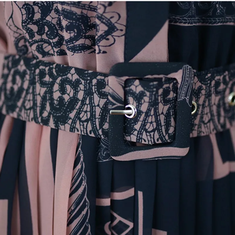 

Korean Style Casual Dress Fashion Turn-down Full Sleeve Streetwear Dress Women Print Pleated Mid-Calf Dresses 2020 Autumn New