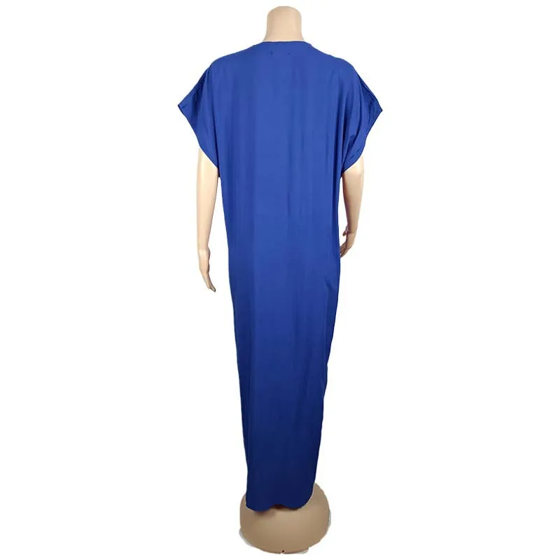 

African Dress Women Dashiki Maxi Dress Africa Embroidery Clothing Bazin Loose Casual Summer Short Sleeve Hijab Scarf Set 2021