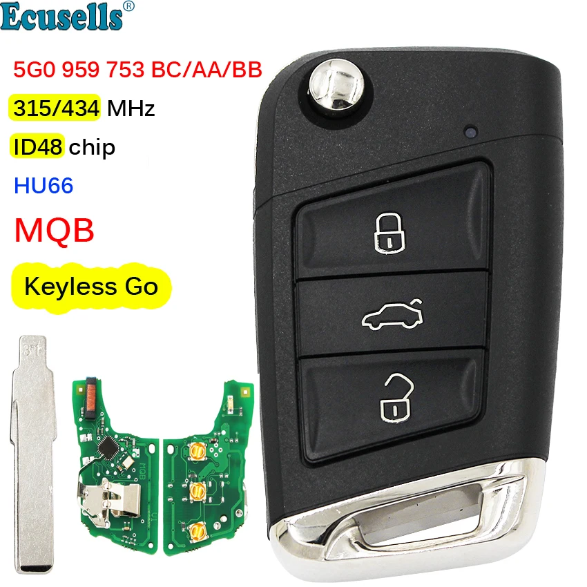 Смарт пульт дистанционного управления с чипом ID48 434 МГц для Volkswagen VW Golf 7 Tiguan 2014 2018