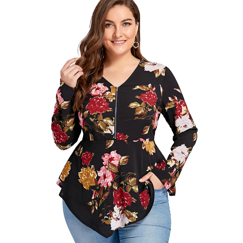 ROSE GAL Plus Size 5XL Zipper Floral Flower Print Blouse Shirt Women Long Sleeve Tunic Peplum Chiffon Tops Autumn Blusas 2019 |