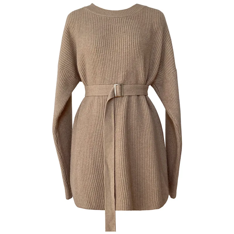 

Autumn Khaki Knitted Dress with Belt Women Clothing Basic Casual Office Mini Swater Dress Winter Christmas Wear Outfit College
