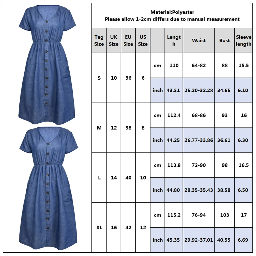 

Women Denim Dress Female Fashion Denim Blue V Neck Short Sleeve Pocket Single-breasted Midi Office Lady Jeans Dress