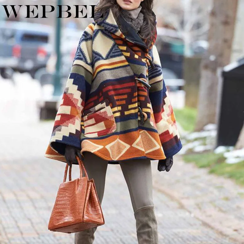 

WEPBEL Spring and Autumn Fashion Loose Horn Button Coat Women's Casual Long Sleeve Printed Hooded Jacket