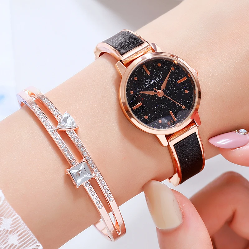 

Lvpai Brand 2PCS/Set Women Watches Luxury Black Starry Sky Watch For Women Simple Dress Rhinestone Ladies Bracelet Quartz Clock