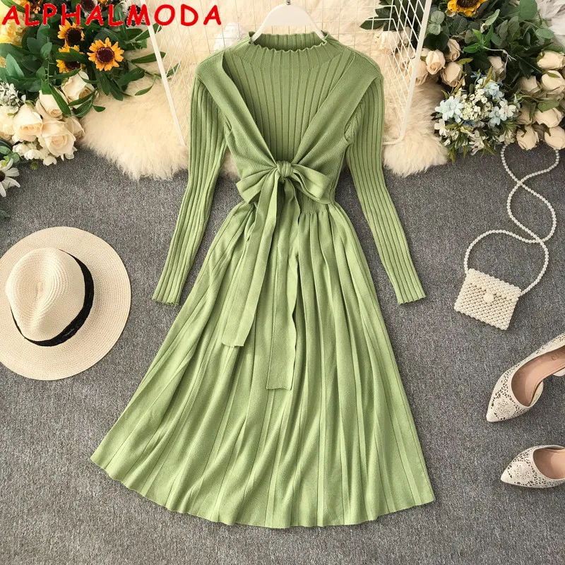 Женское трикотажное платье ALPHALMODA из искусственной кожи 2 шт. с бантом и поясом