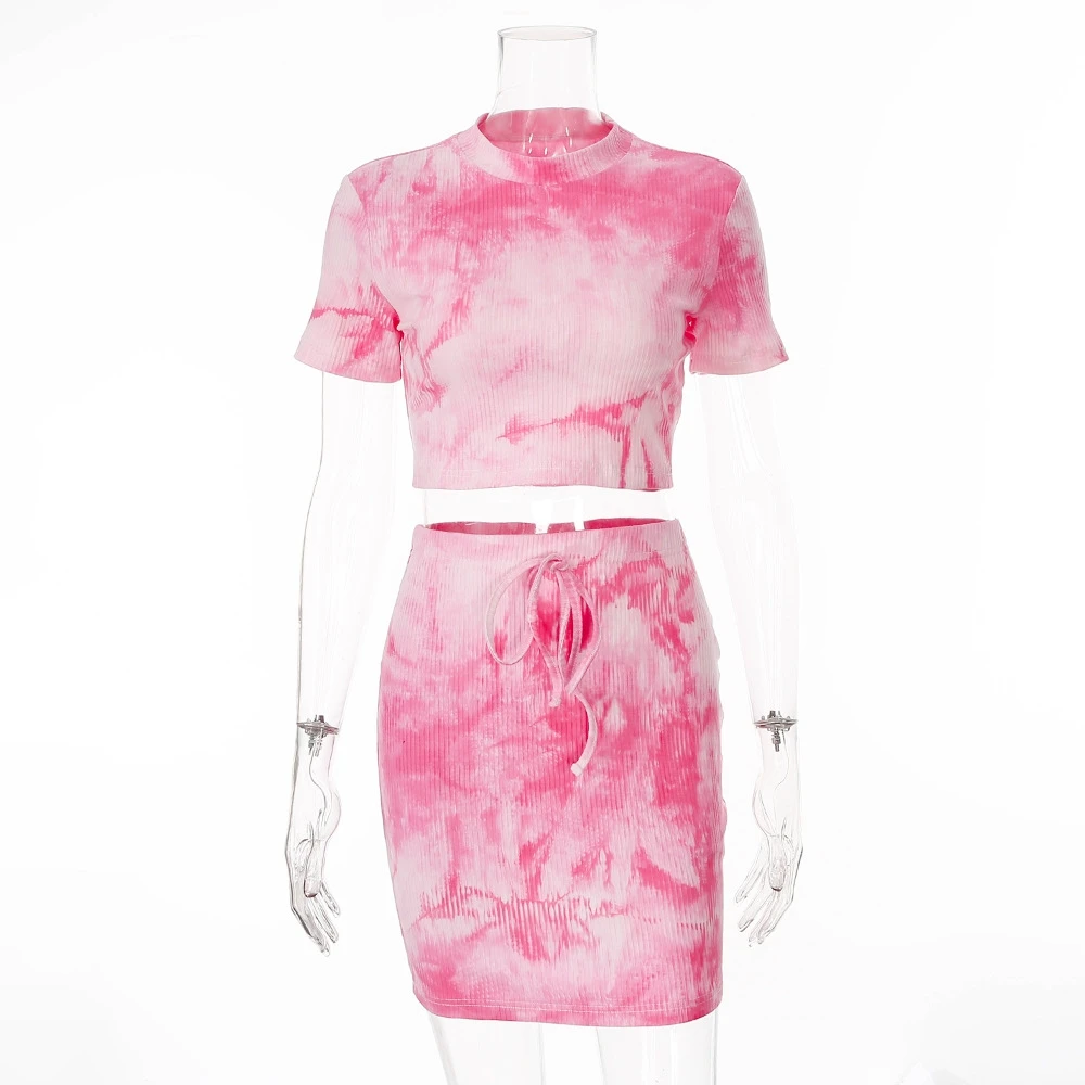 

STYLISH Lady Pink Tie Dye Printed Kintted 2 Piece Set Women Short Sleeve O Neck Crop Tops and Pencil Mini Skirt Set Casual Suits
