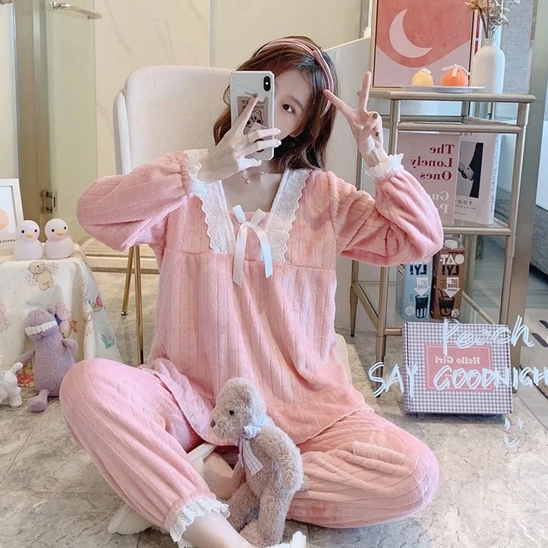 Qiu Dong Season Hot Style Coral Fleece Pajamas Women More Winter Wool Flannel Princess Wind Sweet Household to Take