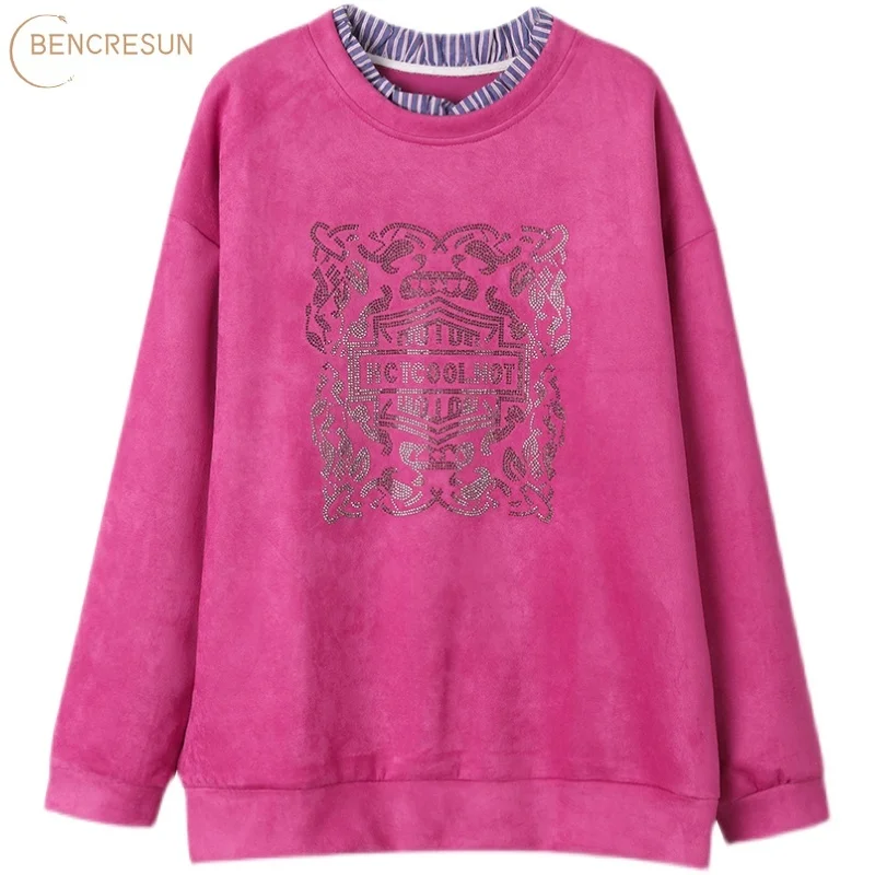 

Fashion Striped Patchwork Hoodies Women Diamond Decorative O-neck Loose Plus Size Rose Black Top Spring Autumn Lady Pullover