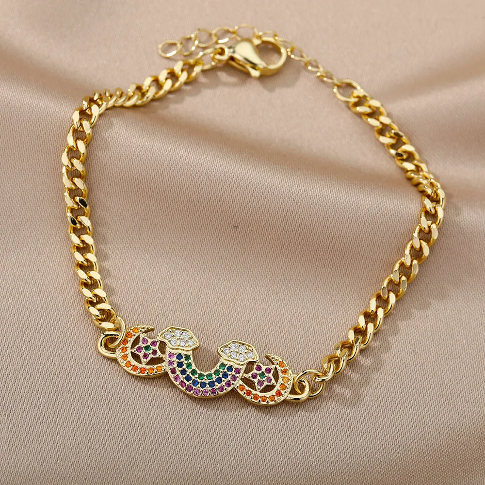 Цветной зирконий Браслет с звездой и луной для женщин Радужный браслет для мамы из кубинской цепочки. Винтажные украшения в подарок.