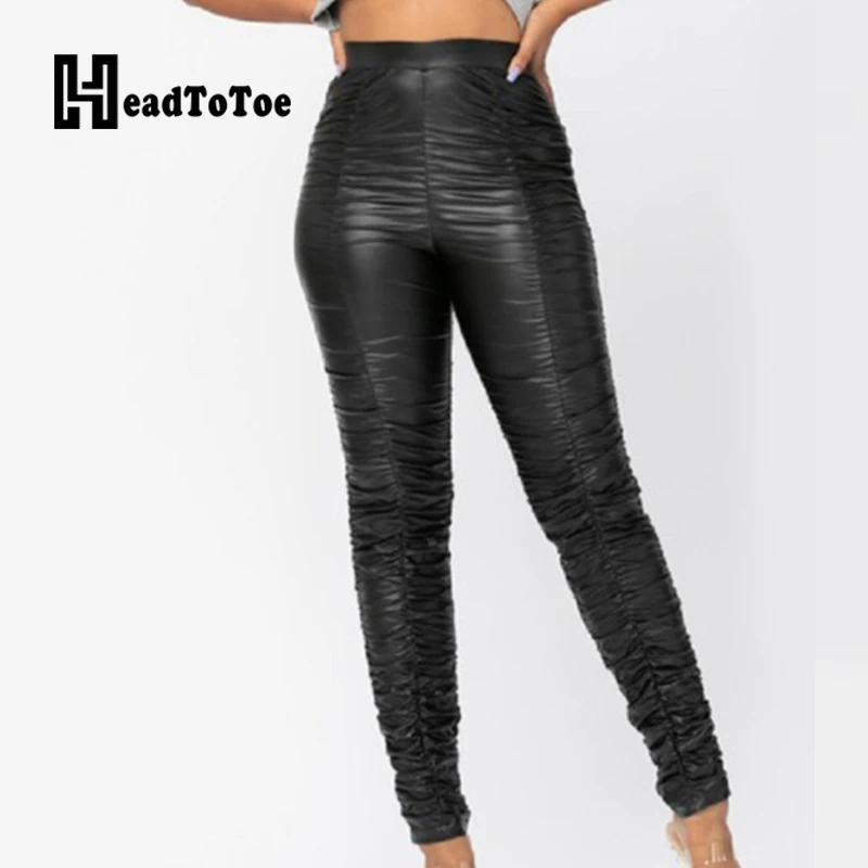 

Solid Pleated Zip Streetwear Brief Pants Women PU Skinny Pencil Pants Women