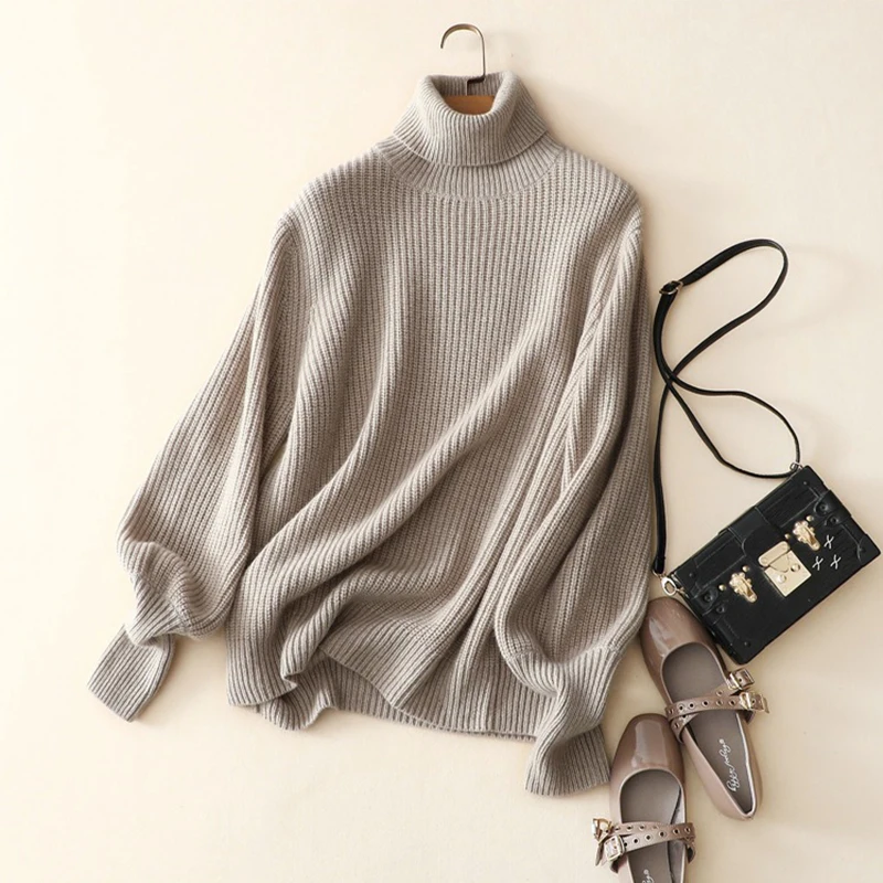 

100% cashmere turtleneck sweater women ribbed knit oversized winter thick pink pullovers