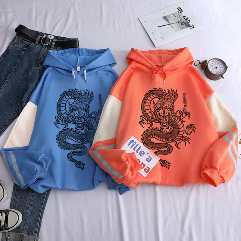 Новинка Женский свитшот с капюшоном и принтом дракона толстовки в стиле ретро