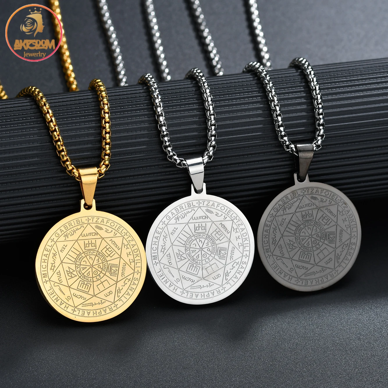 Akizoom винтажная религиозная руничная подвеска с узором Очаровательная цепочка ожерелье из нержавеющей стали для женщин Модная бижутерия подарок аксессуары