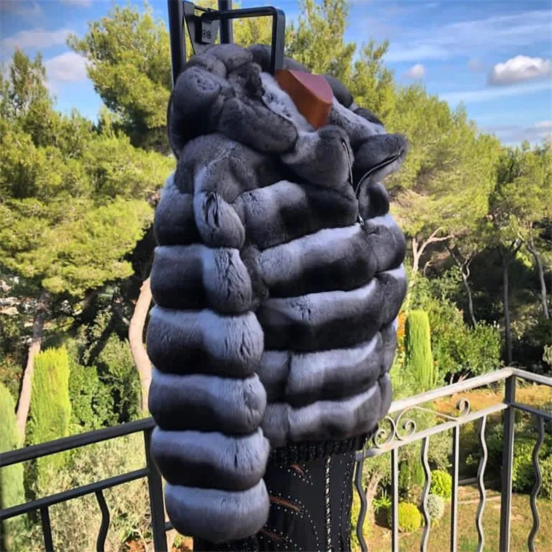 Short Real Rex Rabbit Fur Jacket With Hood Thick Warm Winter Fur Overcoat Luxury Women Natural Rex Rabbit Fur Coat with Zipper