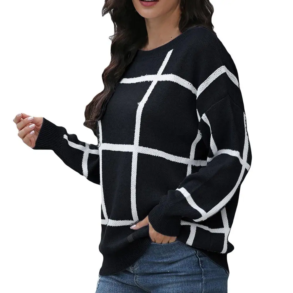 Свитер Camisolas Mulher однотонный Повседневный трикотажный пуловер в клетку с длинным