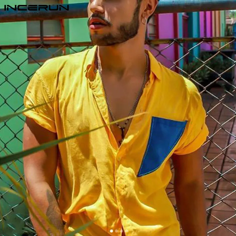 

INCERUN Men Short Sleeve Lapel Shirts Casual Patchwork Loose Blouse 2021 Summer Button Cozy Camisa Man Stitching Color Shirt 5XL
