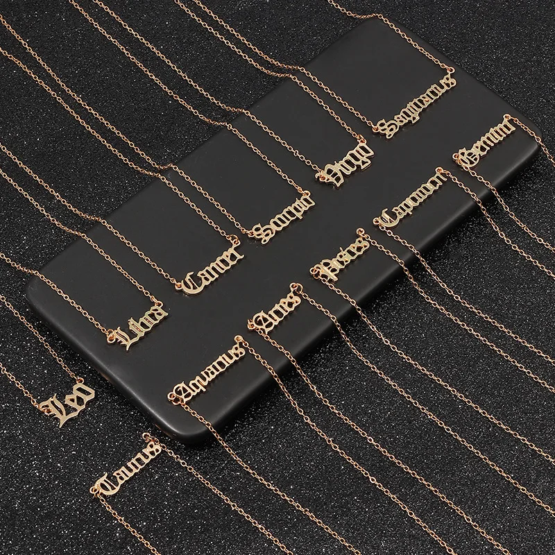 

12 Zodiac Letter Sign Necklaces With Card For Women Constellation Pendant Chains Choker Trendy Female Birthday Jewelry Gift