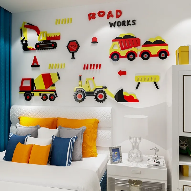 3D мультяшный автомобиль WS47 акриловые наклейки на стену для маленьких мальчиков