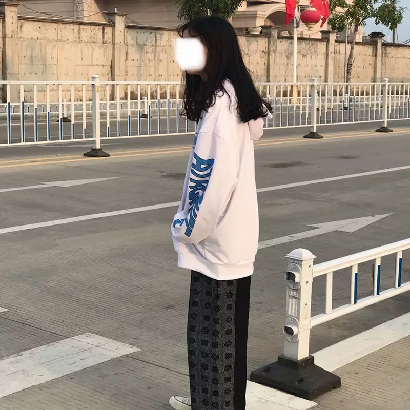 

White Letter Print Sweatshirts Women Autumn Winter Vintage Graphic Polo Hoodies Streetwear Girls Oversized Warm Thick Pullovers