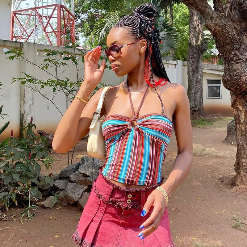 90s Vintage Striped Sleeveless Halter Camis Tube Top Women Summer Backless Crochet Cropped Tops Tees Y2K Aesthetic Streetwear | Женская