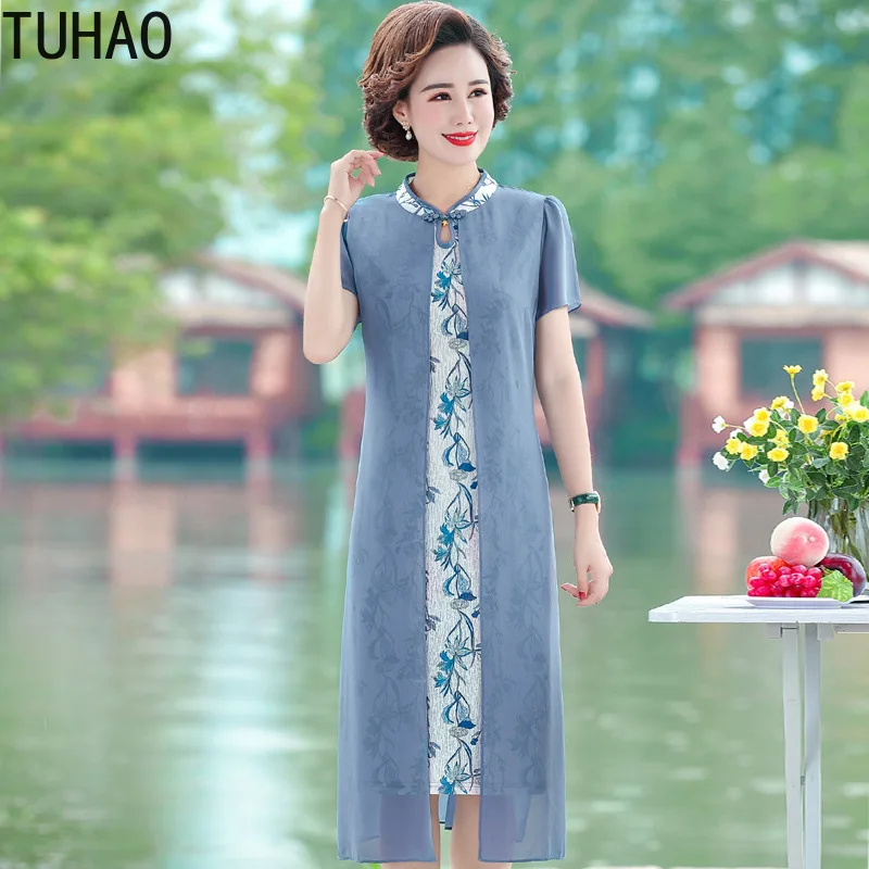 

TUHAO Chinese Style Mother Mom Vintage Dress Large Size 4XL 3XL 2021 Summer Dress Over-the-knee Chiffon Fake Two Pieces Dresses