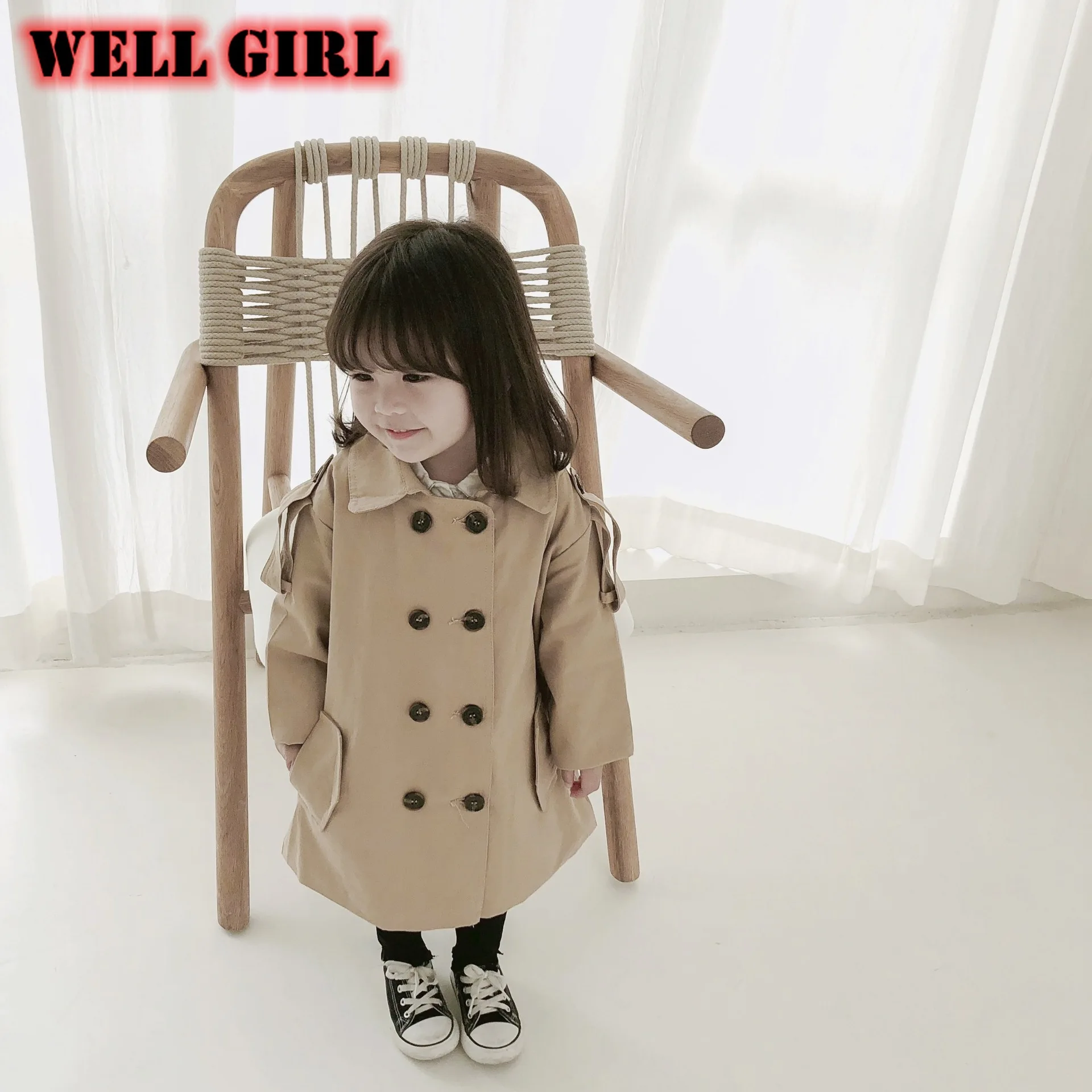 Двубортный тренч для детей от 3 до 8 лет детское осеннее пальто девочек длинная