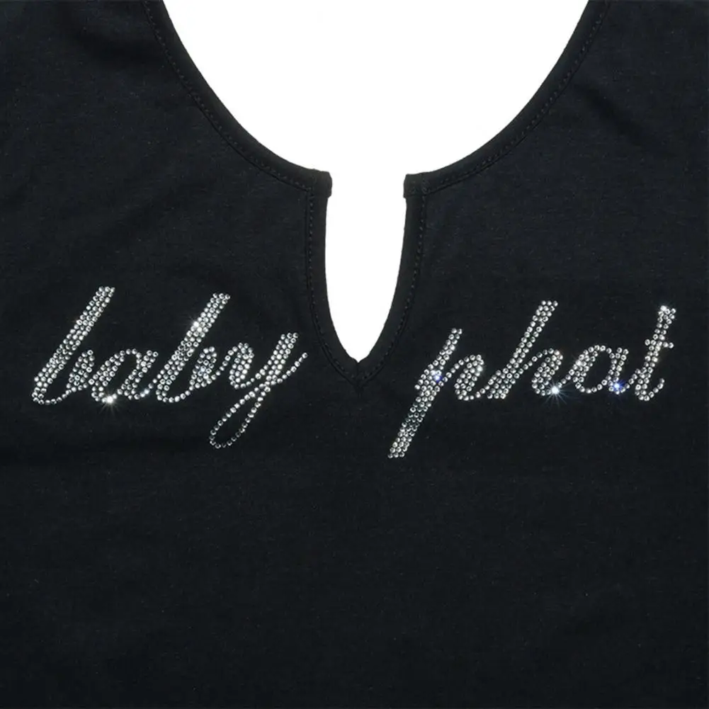

Crop Top Letters Rhinestone Sexy Deep V Solid Color Blouse for Dating
