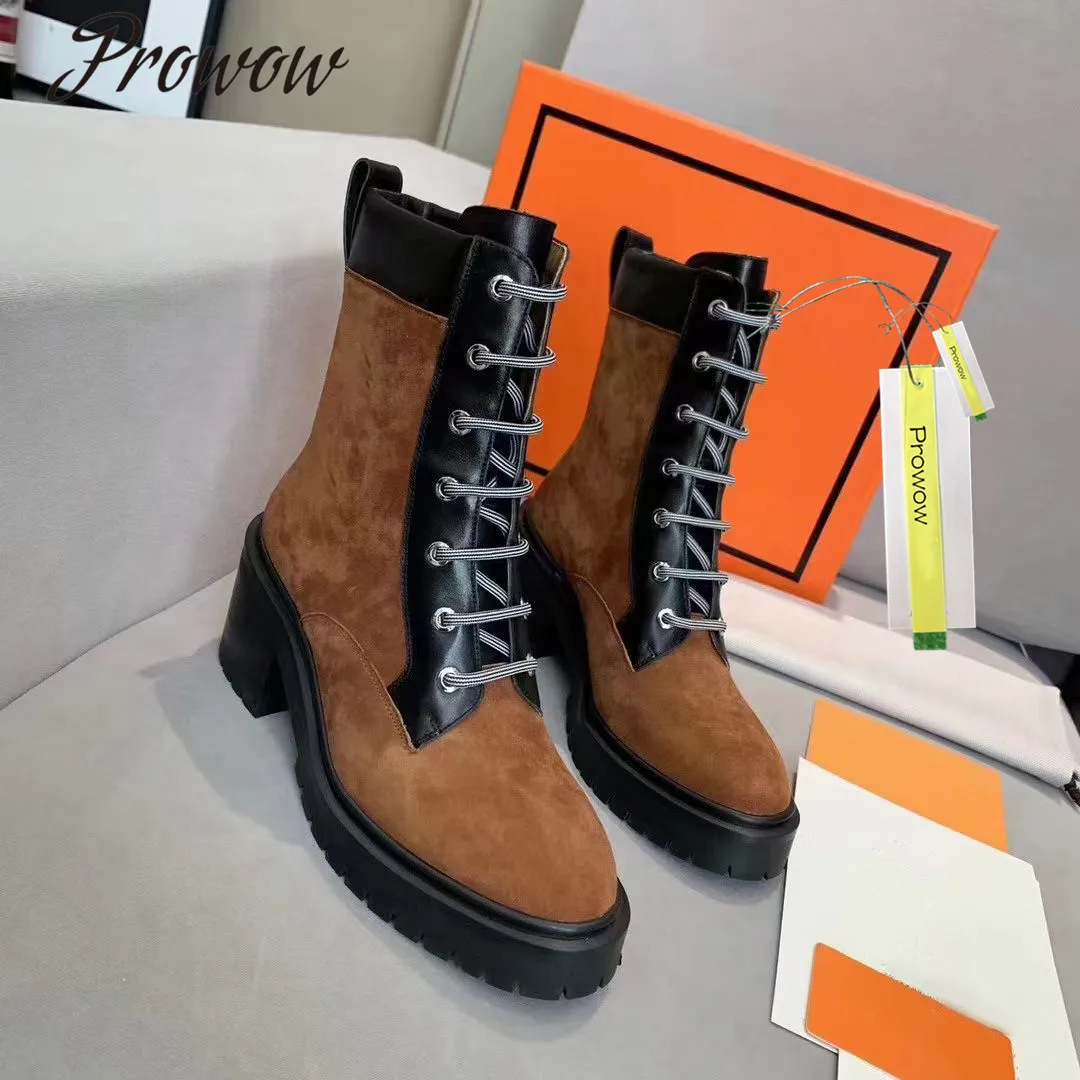 

Prowow New HIgh Quality Genuine Leather Tan Khaki Winter Ankle Boots Brand Designer Shoes Women Zapatos Mujer