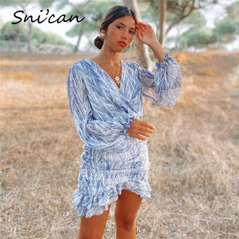 Женское платье с оборками и принтом змеиной кожи сексуальное v-образным вырезом