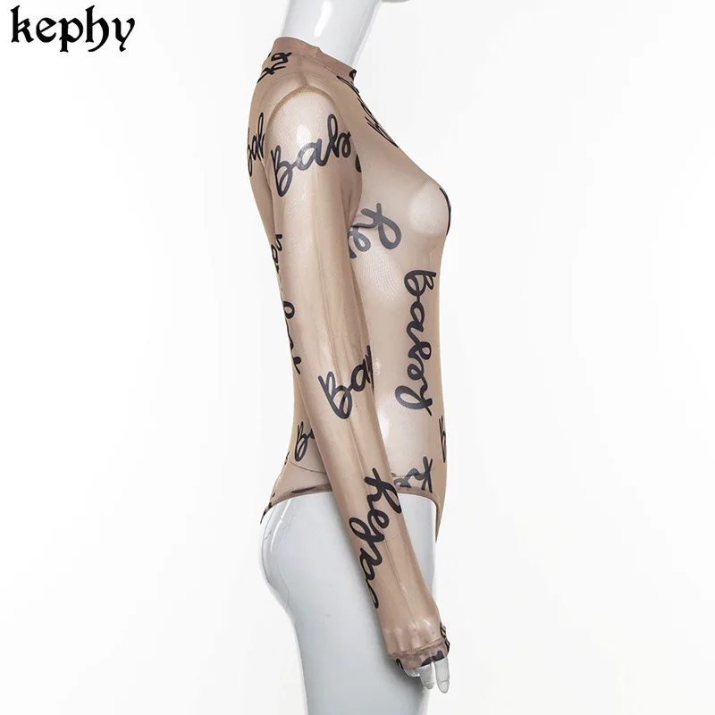 

2021 summer new women's round neck long sleeve T-shirt perspective mesh sexy slim jumpsuit rompers womens bodysuits