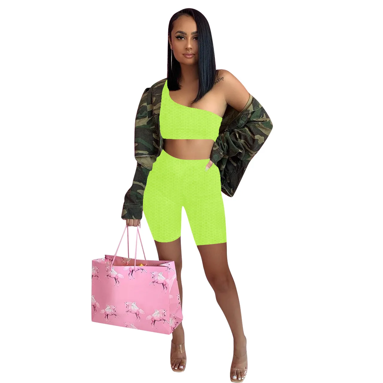 

Tracksuit Women 2021 Casual Fitness High Elasticity Knit Rib One Shoulder Crop Top + Biker Shorts Bodycon Two Piece Set Outfits