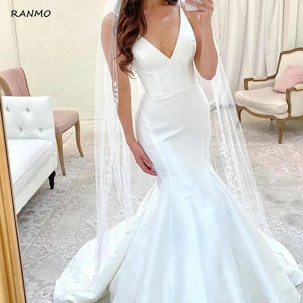 

RANMO 2021 Simple Mermaid Wedding Dresses V-neck Spaghetti Straps Bridal Dress For Women Vestido De Noiva