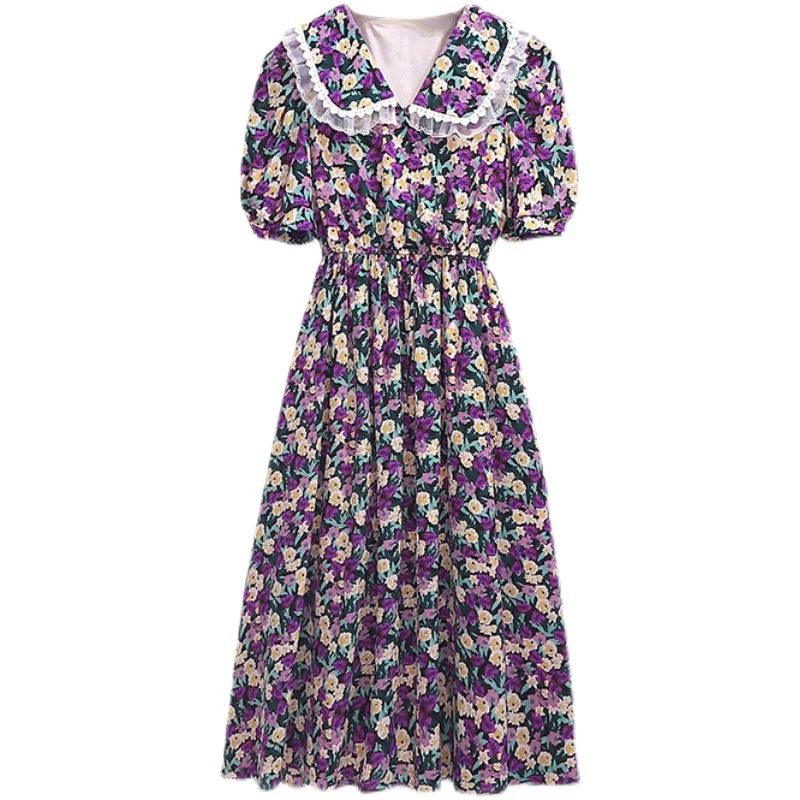 

Plus Size L-4XL 2021 Summer Women Short Sleeves Peter Pan Collar Lace Patchwork Floral Elastic Waist Dress Female Dresses