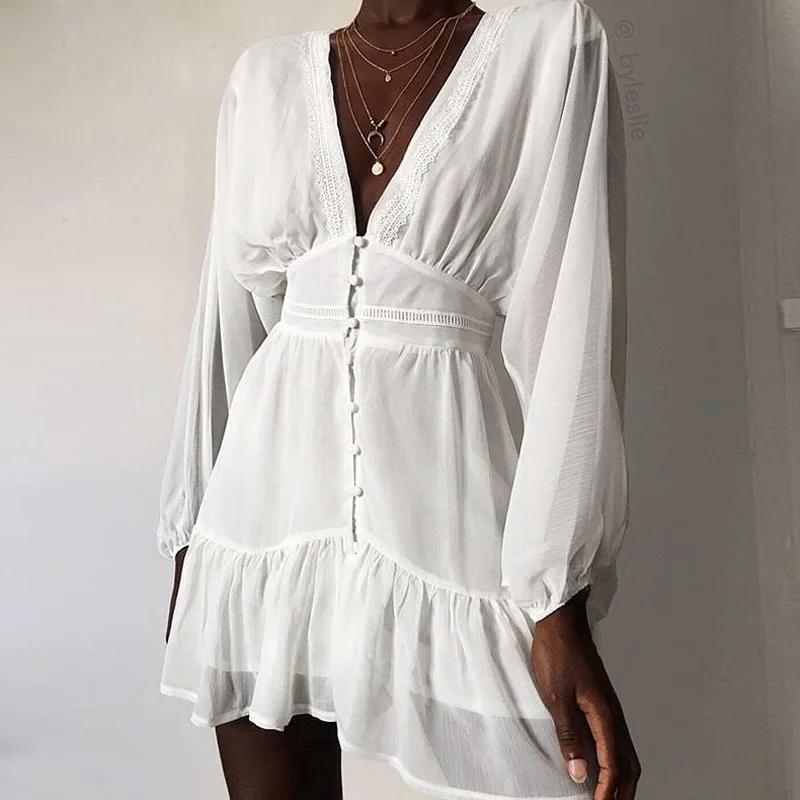 

2021 Sexy Dip V-Neck Summer Dress Female White Lace Long Sleeve Mini Wedding Party Dress Ruffle Elegant Dress