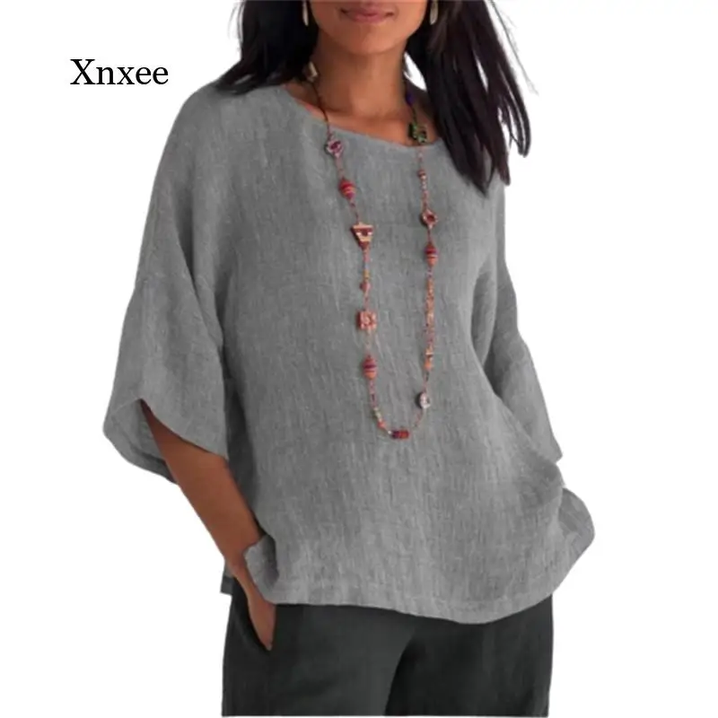 

Блузка женская из хлопка и льна, винтажная рубашка, свободный однотонный топ с рукавом до локтя, Повседневная Уличная одежда, осень