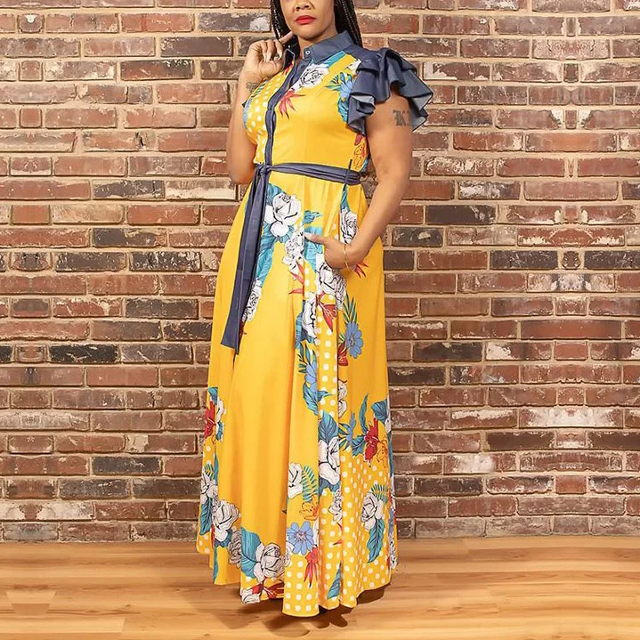 

Vintage Summer New Dress Long Blue Yellow Print High Waist Lace up African Style Office Lady Clothes Maxi Dress Retro Wholesale