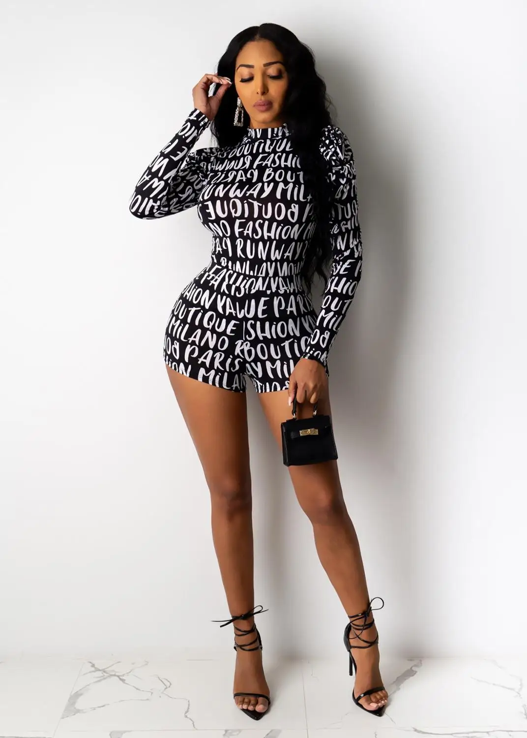 Женский Облегающий комбинезон с длинным рукавом Черный Модный буквенным