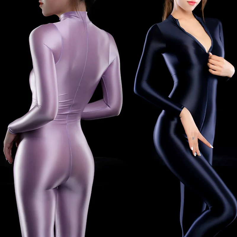 

Womens Sexy Lingerie Bodystocking Long Sleeves Smooth Fiber Double Zipper Sheer Smooth See Through Open Crotch Bodysuit Jumpsuit