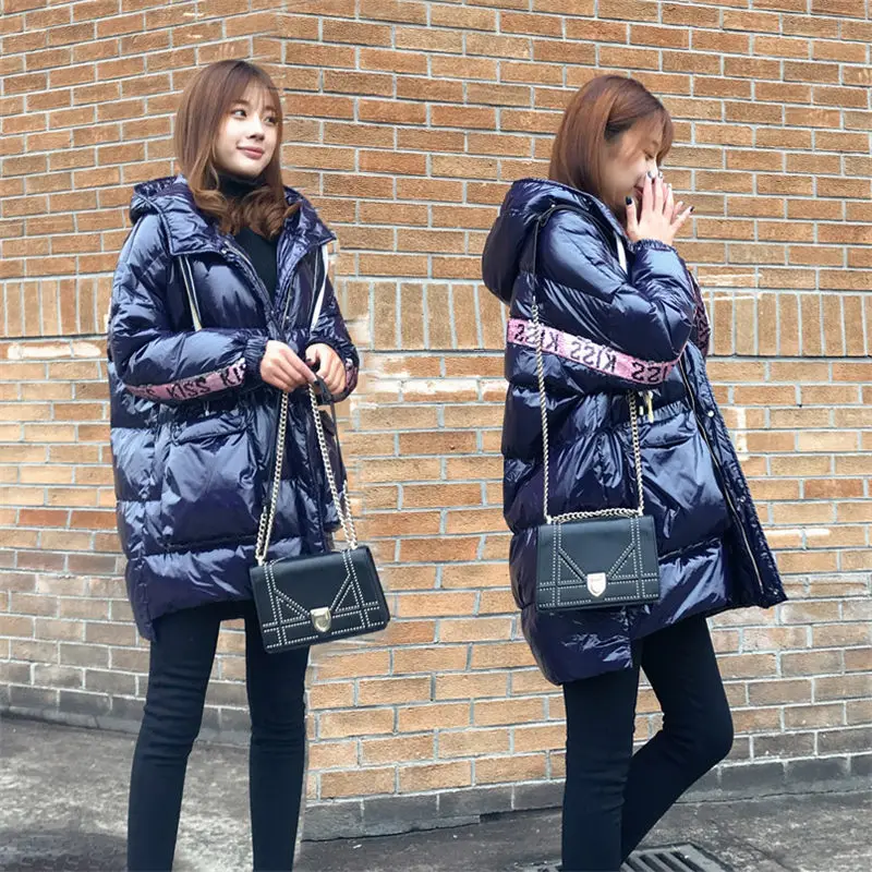 

Winter Parka Coats Glossy Jacket Women Down Cotton Jackets Long Hooded Thicken Letter Splice Fashion Loose Chaqueta Mujer f1614