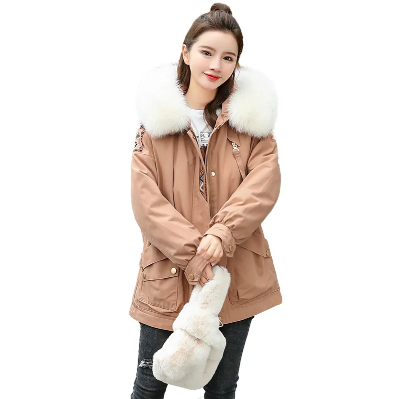 

2020 Winter new heavy craft embroidered Korean loose cotton padded clothes with hooded big hair collar