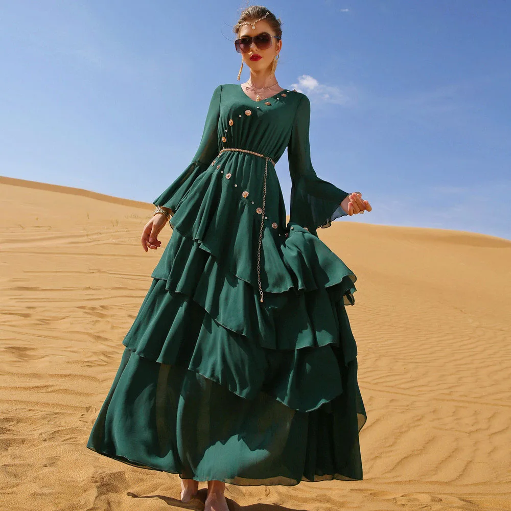 

New Chiffon Swing Dress for Women Dubai Abaya Turkey Kaftan Layered Flare Sleeve Evening Party Gown Islamic Clothing Eid Ramadan