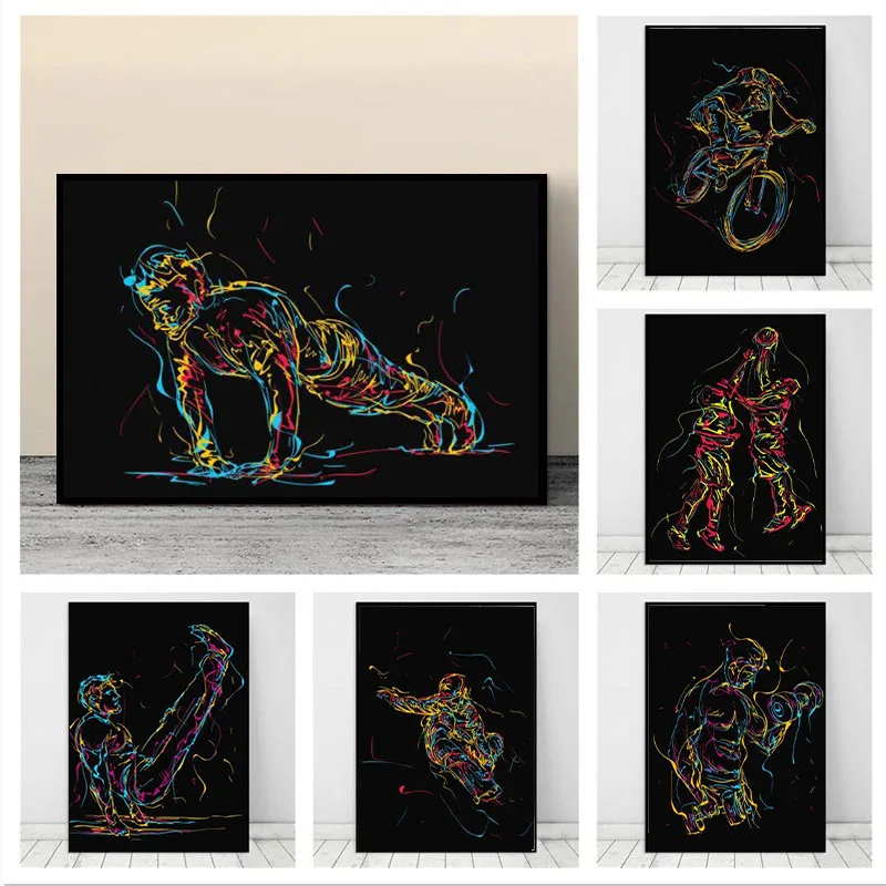 Абстрактная цветная линия скейтборд фитнес спорт холст картина горный велосипед