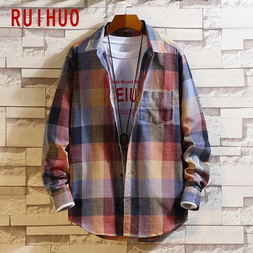 RUIHUO 2021 Новинка весны Повседневная клетчатая рубашка для мужчин Slim Fit Хлопок