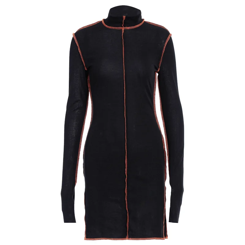 

2020 dress autumn long-sleeved high-necked fork stitching sexy dress girl