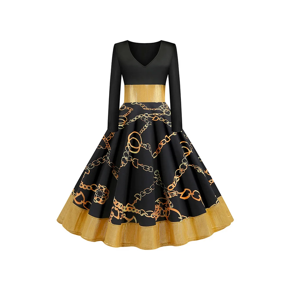 Ретро Черное платье для женщин весна мода печатных лоскутное высокая талия